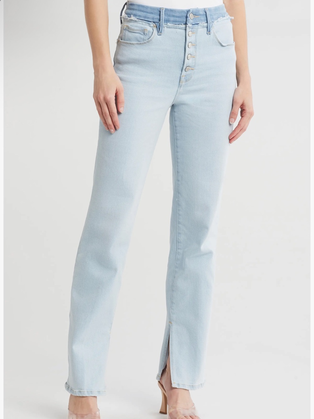 Good American Double Waist ButtonFly Light Wash High-Rise Straight Jeans
